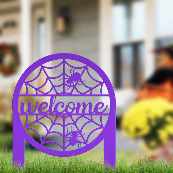 Spiderweb Welcome Metal Yard Sign, Spider Web Yard Lawn Decor, Halloween Spiderweb Yard Decor, Front Lawn Spiderweb Welcome Yard Stake, Spooky Spiderweb Lawn Ornaments