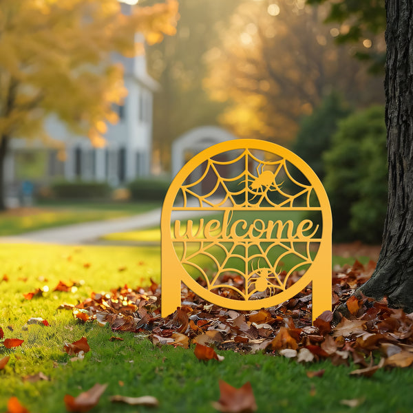 Spiderweb Welcome Metal Yard Sign, Spider Web Yard Lawn Decor, Halloween Spiderweb Yard Decor, Front Lawn Spiderweb Welcome Yard Stake, Spooky Spiderweb Lawn Ornaments