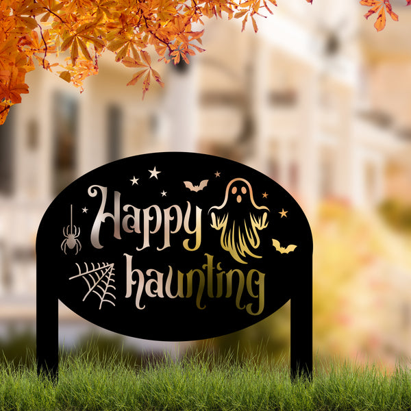 Unique Happy Haunting Yard Art for Halloween Decor - Spooky Ghost Metal Lawn Stake - Autumn Garden Decoration - Novelty Holiday Welcome Sign