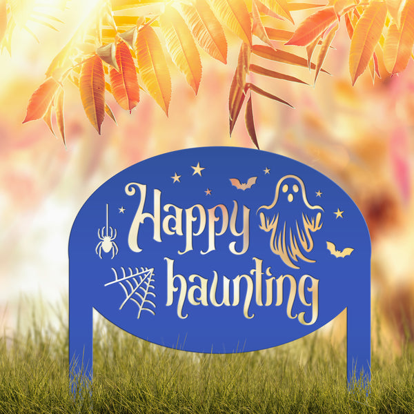 Unique Happy Haunting Yard Art for Halloween Decor - Spooky Ghost Metal Lawn Stake - Autumn Garden Decoration - Novelty Holiday Welcome Sign