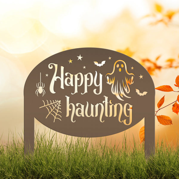 Unique Happy Haunting Yard Art for Halloween Decor - Spooky Ghost Metal Lawn Stake - Autumn Garden Decoration - Novelty Holiday Welcome Sign