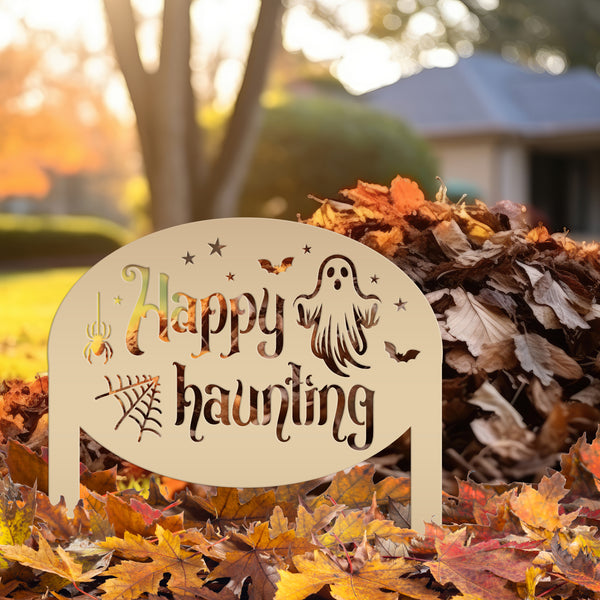 Unique Happy Haunting Yard Art for Halloween Decor - Spooky Ghost Metal Lawn Stake - Autumn Garden Decoration - Novelty Holiday Welcome Sign