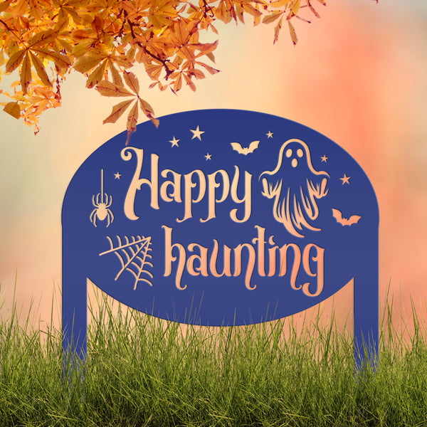 Unique Happy Haunting Yard Art for Halloween Decor - Spooky Ghost Metal Lawn Stake - Autumn Garden Decoration - Novelty Holiday Welcome Sign