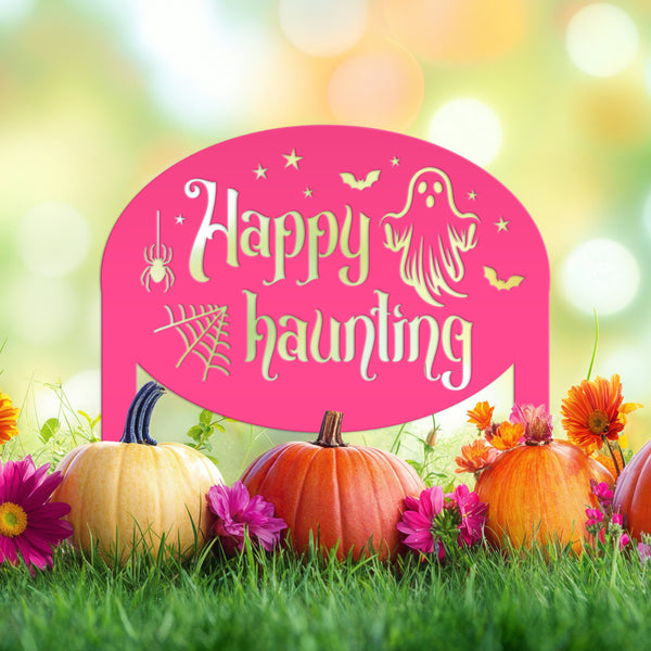 Unique Happy Haunting Yard Art for Halloween Decor - Spooky Ghost Metal Lawn Stake - Autumn Garden Decoration - Novelty Holiday Welcome Sign