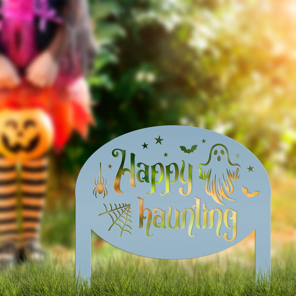 Unique Happy Haunting Yard Art for Halloween Decor - Spooky Ghost Metal Lawn Stake - Autumn Garden Decoration - Novelty Holiday Welcome Sign