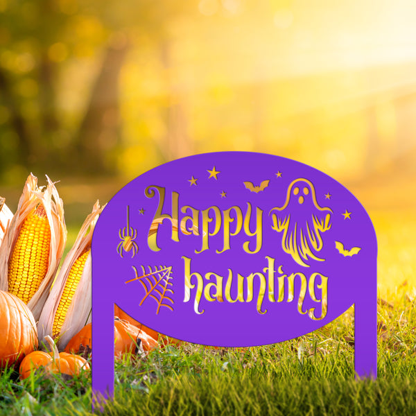 Unique Happy Haunting Yard Art for Halloween Decor - Spooky Ghost Metal Lawn Stake - Autumn Garden Decoration - Novelty Holiday Welcome Sign