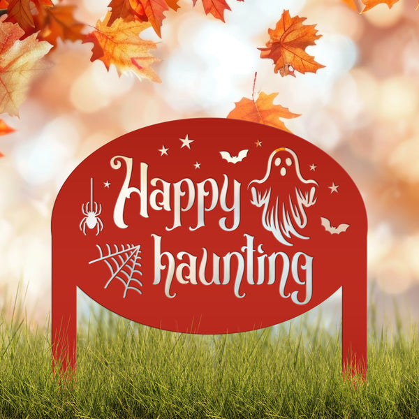 Unique Happy Haunting Yard Art for Halloween Decor - Spooky Ghost Metal Lawn Stake - Autumn Garden Decoration - Novelty Holiday Welcome Sign