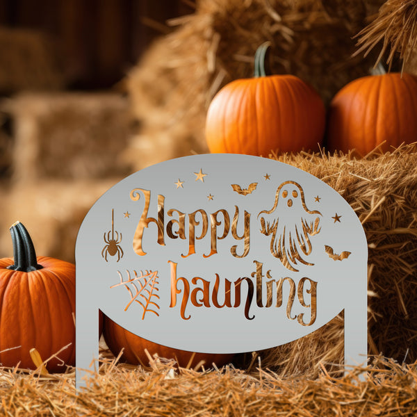 Unique Happy Haunting Yard Art for Halloween Decor - Spooky Ghost Metal Lawn Stake - Autumn Garden Decoration - Novelty Holiday Welcome Sign