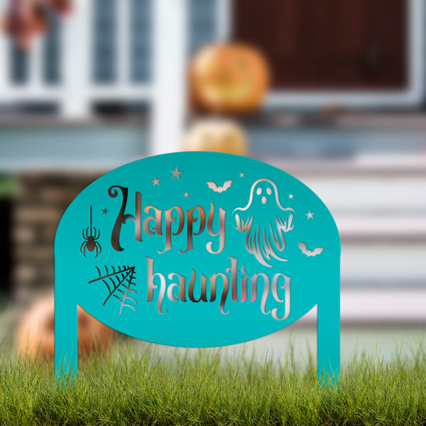 Unique Happy Haunting Yard Art for Halloween Decor - Spooky Ghost Metal Lawn Stake - Autumn Garden Decoration - Novelty Holiday Welcome Sign