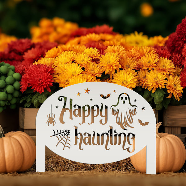 Unique Happy Haunting Yard Art for Halloween Decor - Spooky Ghost Metal Lawn Stake - Autumn Garden Decoration - Novelty Holiday Welcome Sign