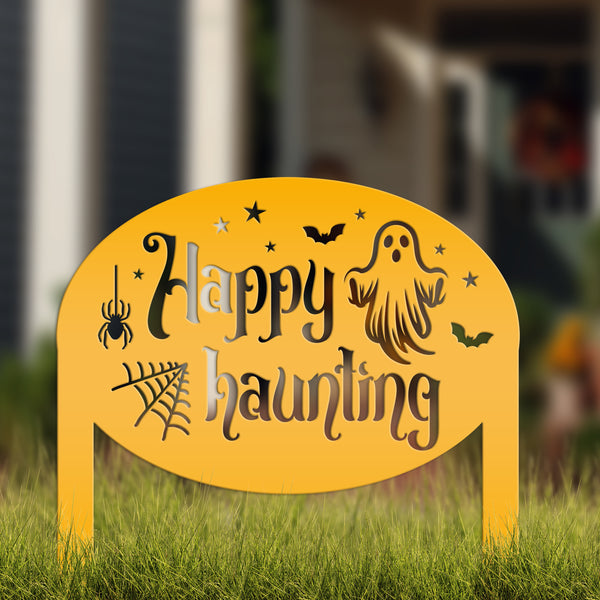Unique Happy Haunting Yard Art for Halloween Decor - Spooky Ghost Metal Lawn Stake - Autumn Garden Decoration - Novelty Holiday Welcome Sign