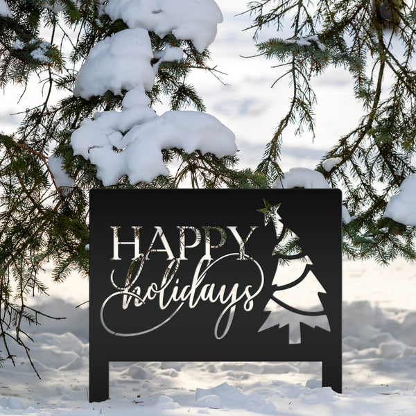 Joyful Christmas Outdoor Yard Stake - Happy Holidays Metal Sign - Cheerful Seasonal Yard Art - Unique December Decor - Cute Christmas Tree