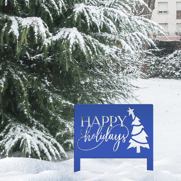 Joyful Christmas Outdoor Yard Stake - Happy Holidays Metal Sign - Cheerful Seasonal Yard Art - Unique December Decor - Cute Christmas Tree