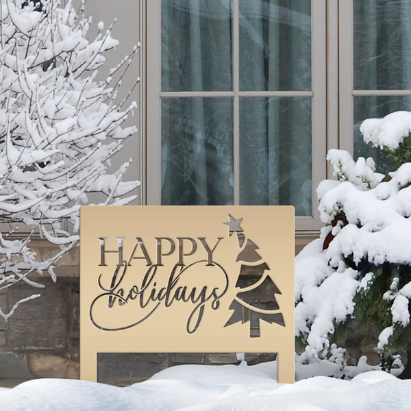 Joyful Christmas Outdoor Yard Stake - Happy Holidays Metal Sign - Cheerful Seasonal Yard Art - Unique December Decor - Cute Christmas Tree