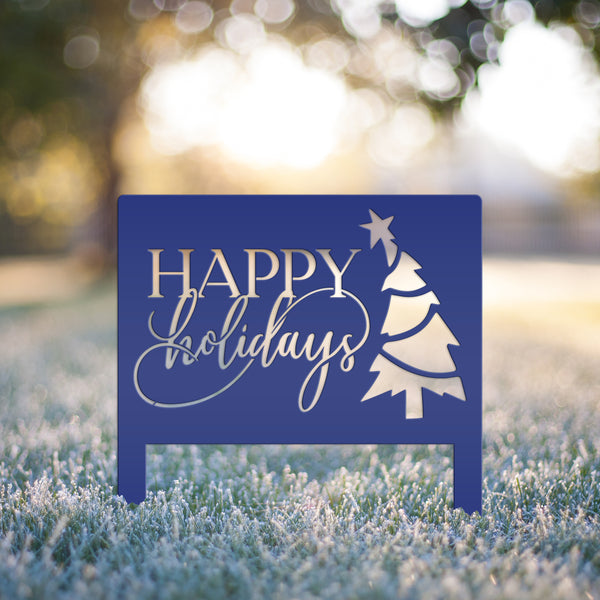 Joyful Christmas Outdoor Yard Stake - Happy Holidays Metal Sign - Cheerful Seasonal Yard Art - Unique December Decor - Cute Christmas Tree