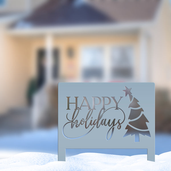 Joyful Christmas Outdoor Yard Stake - Happy Holidays Metal Sign - Cheerful Seasonal Yard Art - Unique December Decor - Cute Christmas Tree