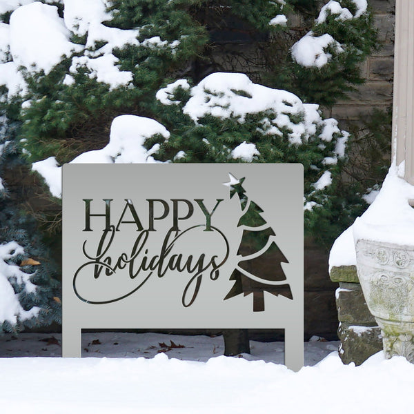 Joyful Christmas Outdoor Yard Stake - Happy Holidays Metal Sign - Cheerful Seasonal Yard Art - Unique December Decor - Cute Christmas Tree