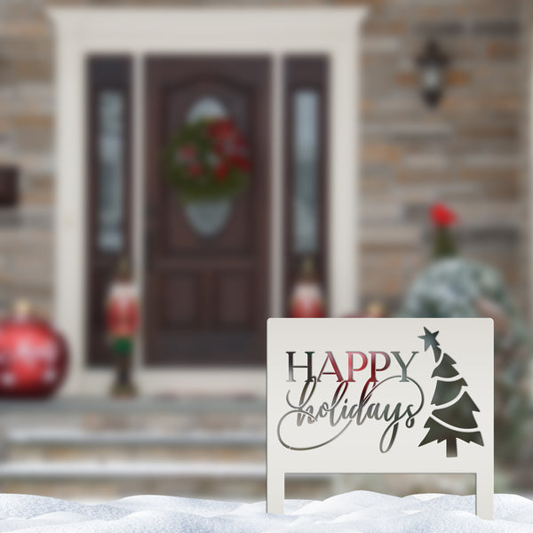Joyful Christmas Outdoor Yard Stake - Happy Holidays Metal Sign - Cheerful Seasonal Yard Art - Unique December Decor - Cute Christmas Tree