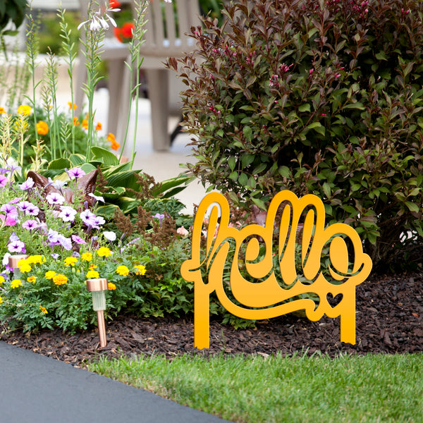 Welcoming Hello Metal Outdoor Yard Stake - Charming Front Lawn Decor - Laser Cut Garden Decoration - Unique Welcome Sign - Housewarming Gift
