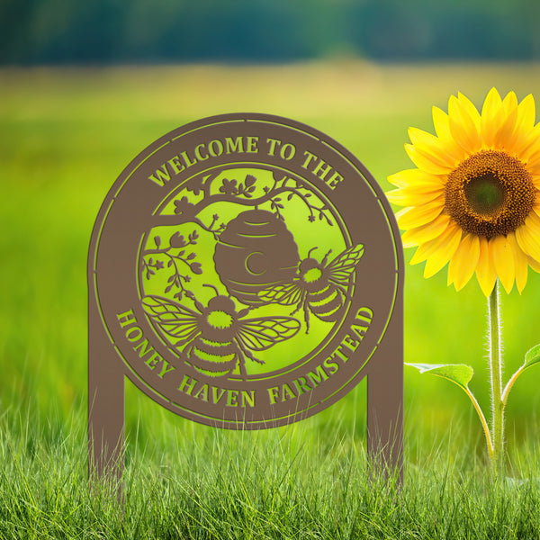 Beehive Design Metal Yard Stake - Honey Bee Garden Accent - Personalized Welcome Sign - Farmhouse Decor - Outdoor Lawn Art - Gift for Her