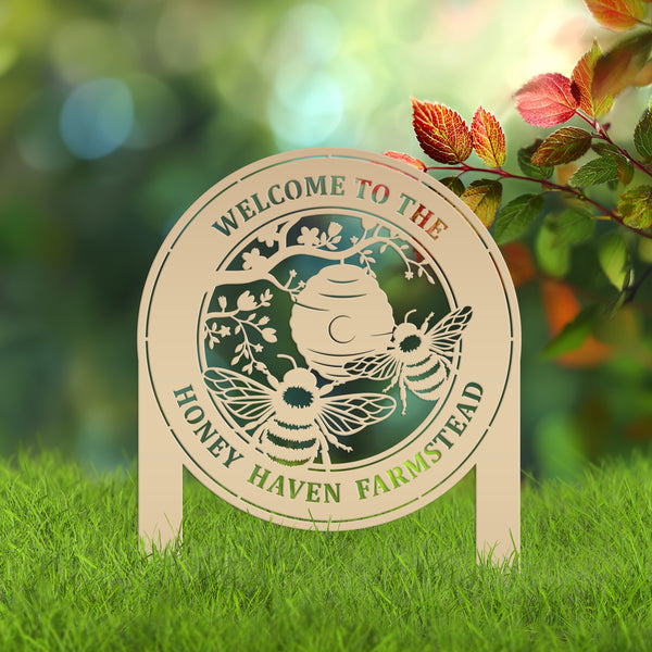 Beehive Design Metal Yard Stake - Honey Bee Garden Accent - Personalized Welcome Sign - Farmhouse Decor - Outdoor Lawn Art - Gift for Her