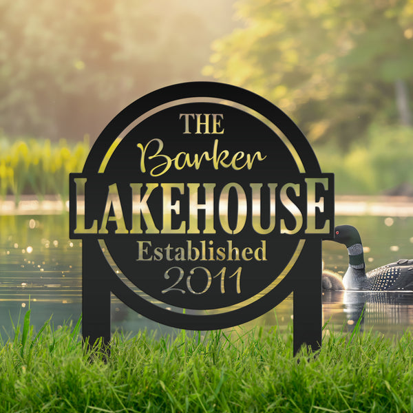 Custom Lakehouse Metal Yard Stake - Personalized Lake Style Sign