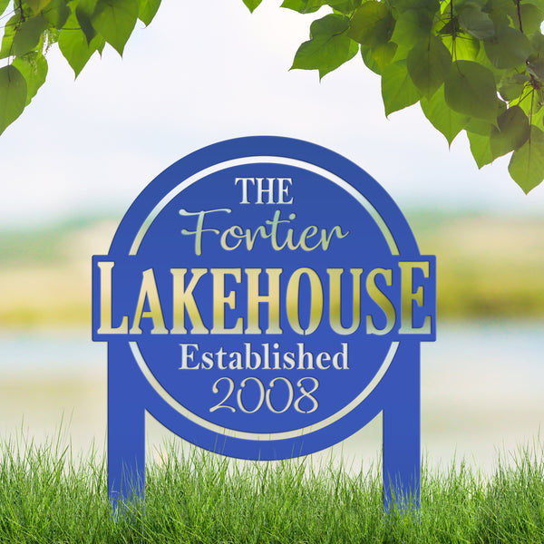 Custom Lakehouse Metal Yard Stake - Personalized Lake Style Sign