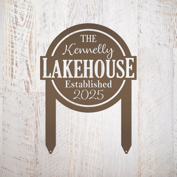 Custom Lakehouse Metal Yard Stake - Personalized Lake Style Sign
