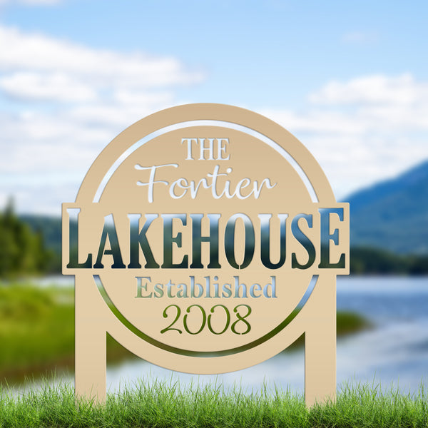 Custom Lakehouse Metal Yard Stake - Personalized Lake Style Sign