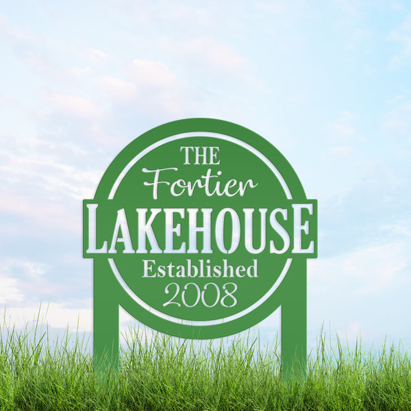 Custom Lakehouse Metal Yard Stake - Personalized Lake Style Sign