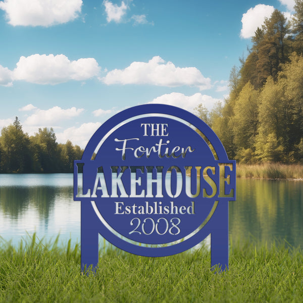 Custom Lakehouse Metal Yard Stake - Personalized Lake Style Sign