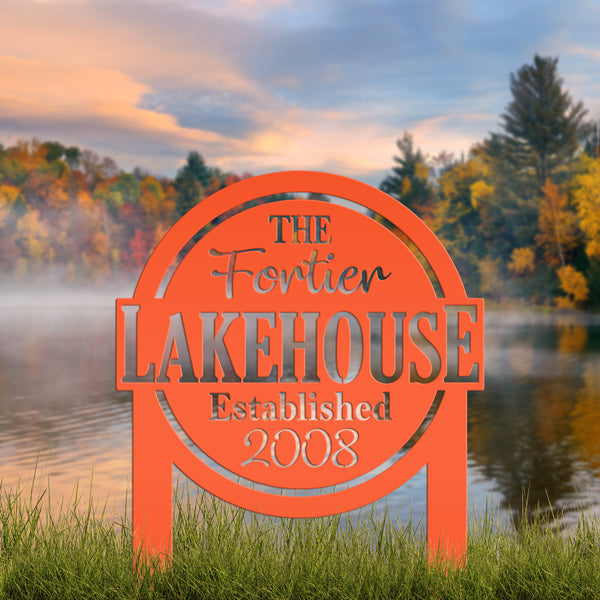 Custom Lakehouse Metal Yard Stake - Personalized Lake Style Sign