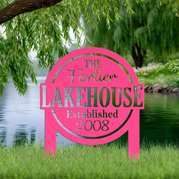 Custom Lakehouse Metal Yard Stake - Personalized Lake Style Sign