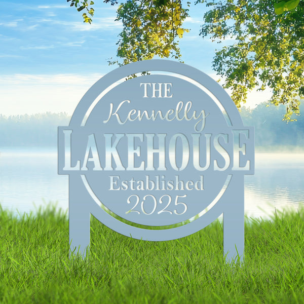 Custom Lakehouse Metal Yard Stake - Personalized Lake Style Sign