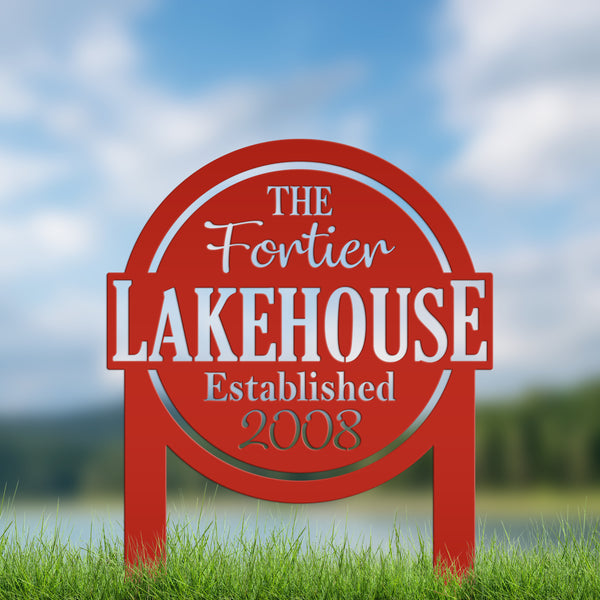 Custom Lakehouse Metal Yard Stake - Personalized Lake Style Sign
