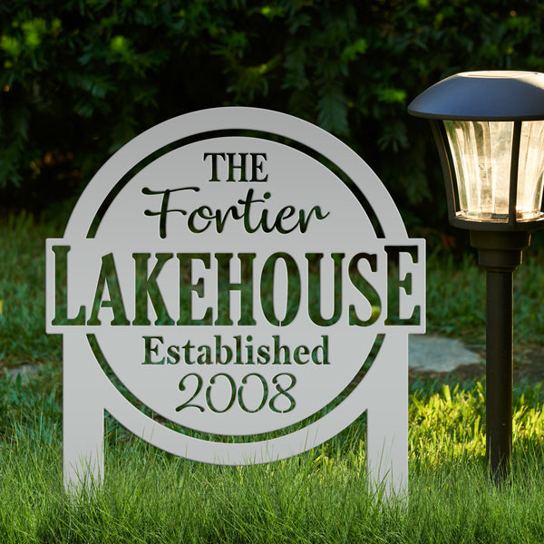 Custom Lakehouse Metal Yard Stake - Personalized Lake Style Sign