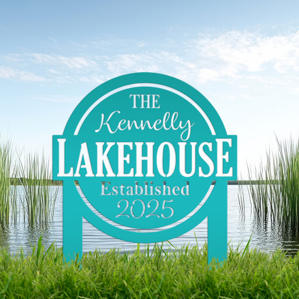 Custom Lakehouse Metal Yard Stake - Personalized Lake Style Sign