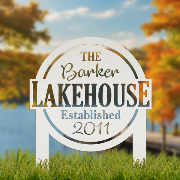 Custom Lakehouse Metal Yard Stake - Personalized Lake Style Sign