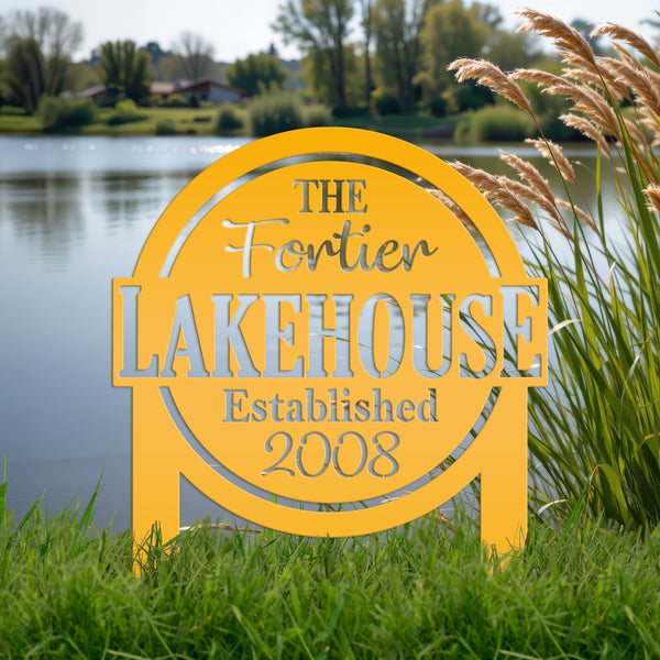 Custom Lakehouse Metal Yard Stake - Personalized Lake Style Sign