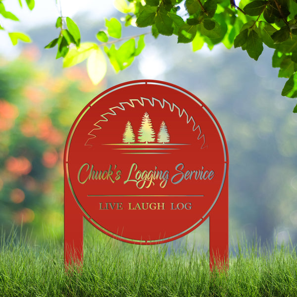 Woodworking Sign- Outdoor Logging Yard Stake - Metal Lawn Stake for Workshop - Wood Business Signage, Pine Tree Wood Shop Yardstake