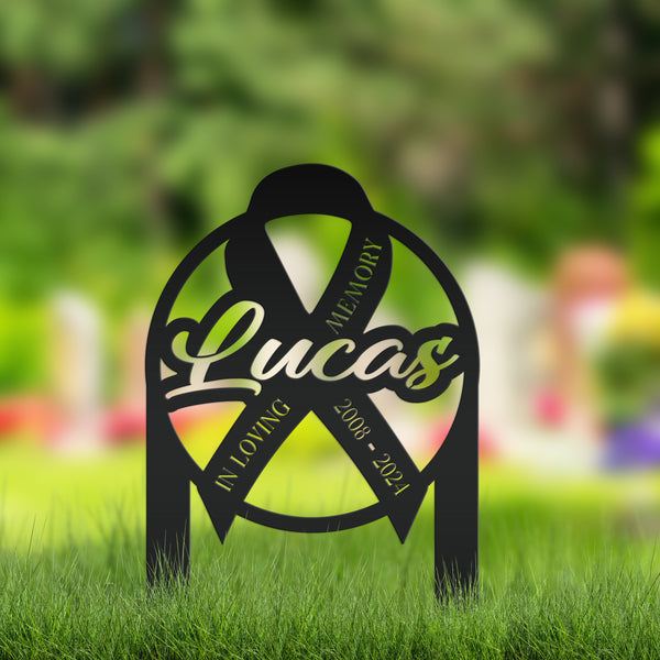 Unique Memorial Sign with Cancer Ribbon – Custom Tribute Metal Art - In Loving Memory Gravesite Decoration - Personalized Memorial Stakes