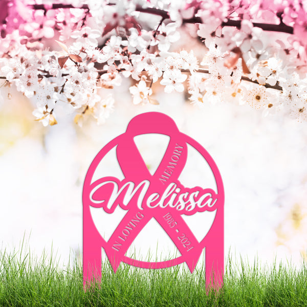 Unique Memorial Sign with Cancer Ribbon – Custom Tribute Metal Art - In Loving Memory Gravesite Decoration - Personalized Memorial Stakes