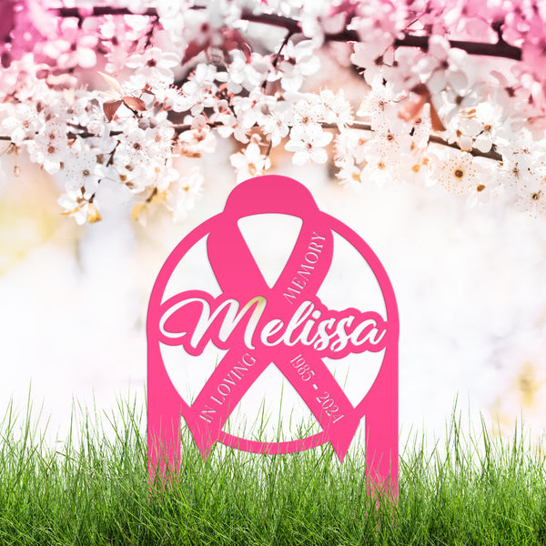 Unique Memorial Sign with Cancer Ribbon – Custom Tribute Metal Art - In Loving Memory Gravesite Decoration - Personalized Memorial Stakes