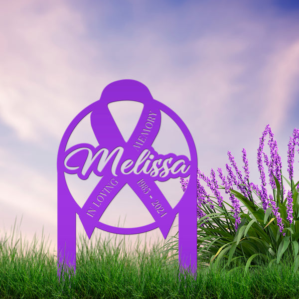 Unique Memorial Sign with Cancer Ribbon – Custom Tribute Metal Art - In Loving Memory Gravesite Decoration - Personalized Memorial Stakes