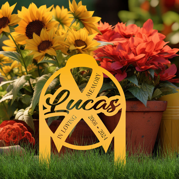 Unique Memorial Sign with Cancer Ribbon – Custom Tribute Metal Art - In Loving Memory Gravesite Decoration - Personalized Memorial Stakes