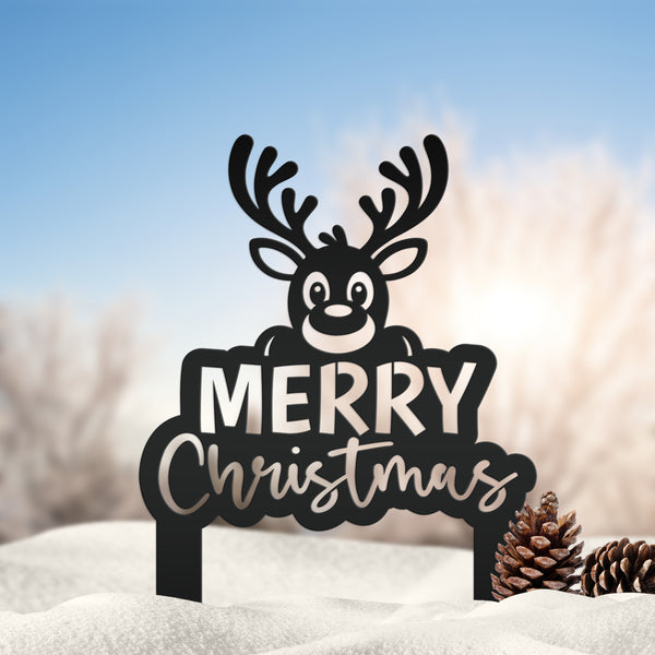 Merry Christmas Yard Stake - Cute Holiday Reindeer Metal Garden Decor - Festive Outdoor Decorations - Seasonal Stakes - Unique Winter Signs