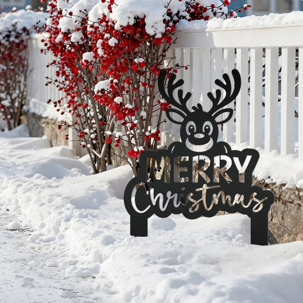 Merry Christmas Yard Stake - Cute Holiday Reindeer Metal Garden Decor - Festive Outdoor Decorations - Seasonal Stakes - Unique Winter Signs