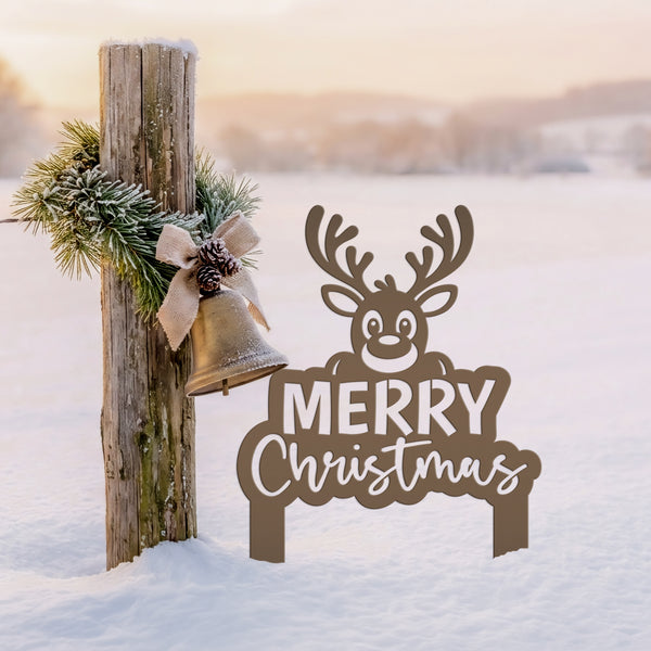 Merry Christmas Yard Stake - Cute Holiday Reindeer Metal Garden Decor - Festive Outdoor Decorations - Seasonal Stakes - Unique Winter Signs