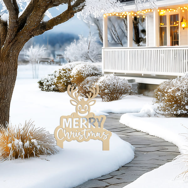 Merry Christmas Yard Stake - Cute Holiday Reindeer Metal Garden Decor - Festive Outdoor Decorations - Seasonal Stakes - Unique Winter Signs