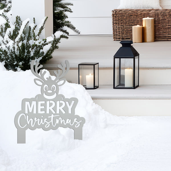 Merry Christmas Yard Stake - Cute Holiday Reindeer Metal Garden Decor - Festive Outdoor Decorations - Seasonal Stakes - Unique Winter Signs